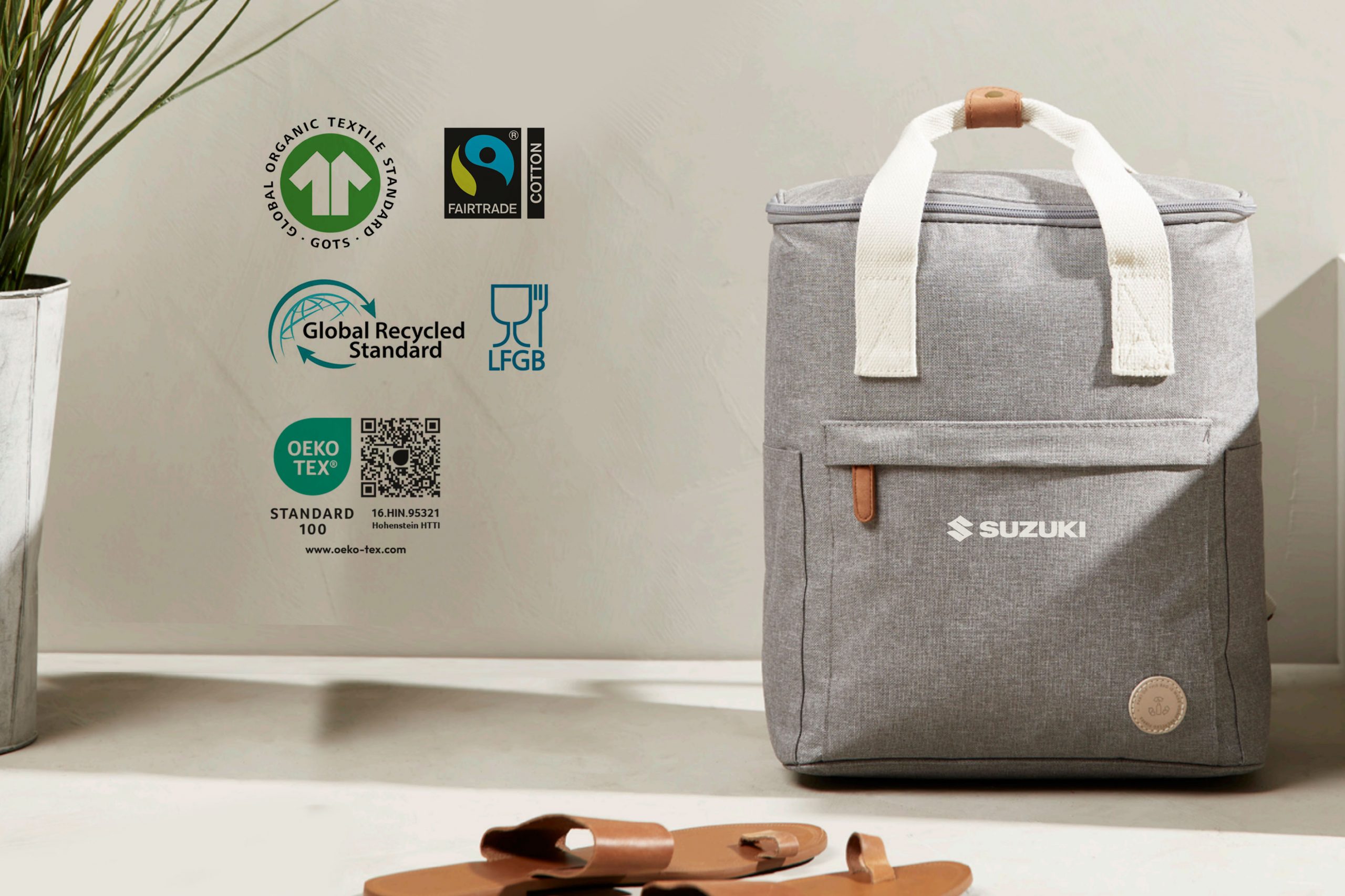 Siegel und Beispiel nachhaltige Tasche mit Werbedruck Suzuki